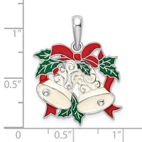 Sterling Silver Rhodium-plated Polished Enameled Bells/Holly Pendant