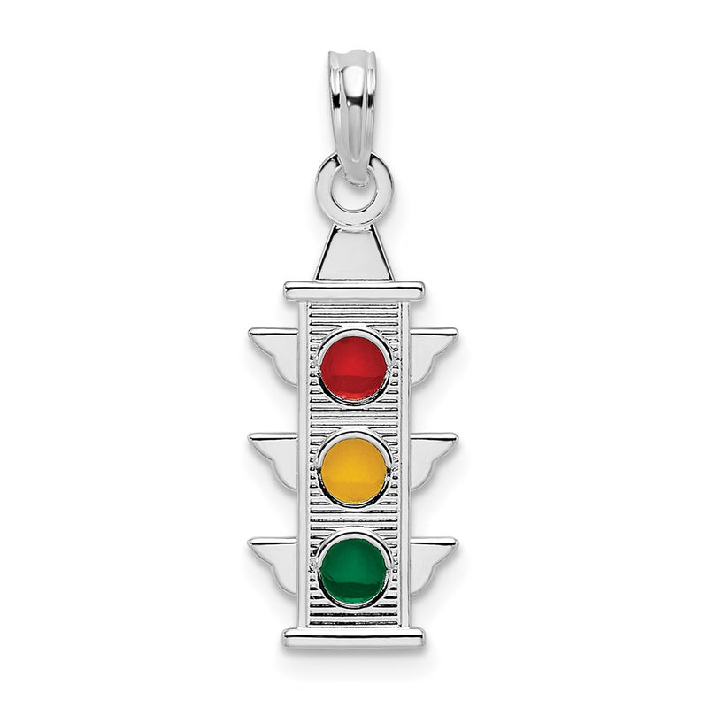 Sterling Silver Rhodium-plated Polished Enameled Traffic Light Pendant