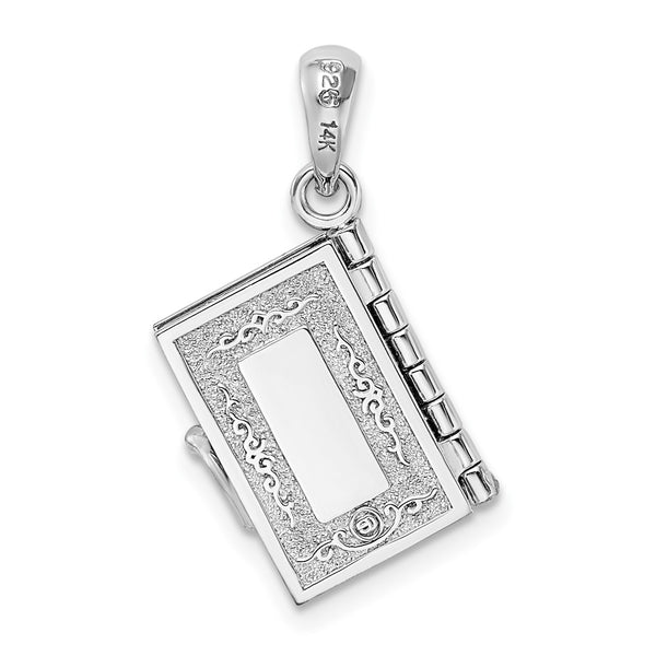 Sterling Silver Rhod-plted Texture Lords Prayer Bible w/14k Cross Pendant