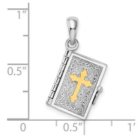 Sterling Silver Rhod-plted Texture Lords Prayer Bible w/14k Cross Pendant