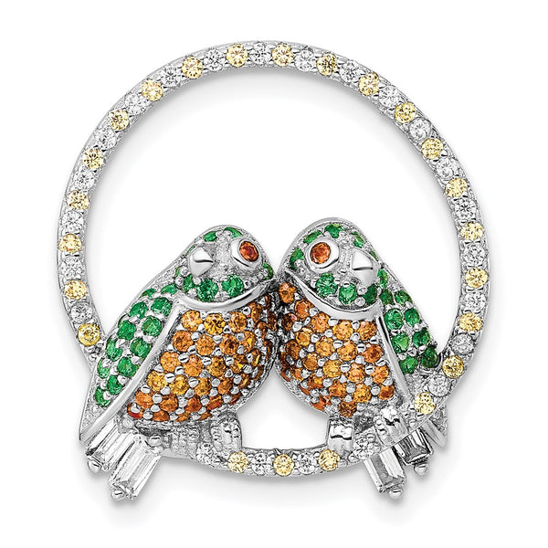 Sterling Silver Rhodium-plated CZ Birds on Perch Chain Slide