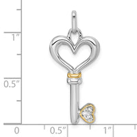 Sterling Silver RH-pl w/14k Accent Polished CZ Heart Key Pendant