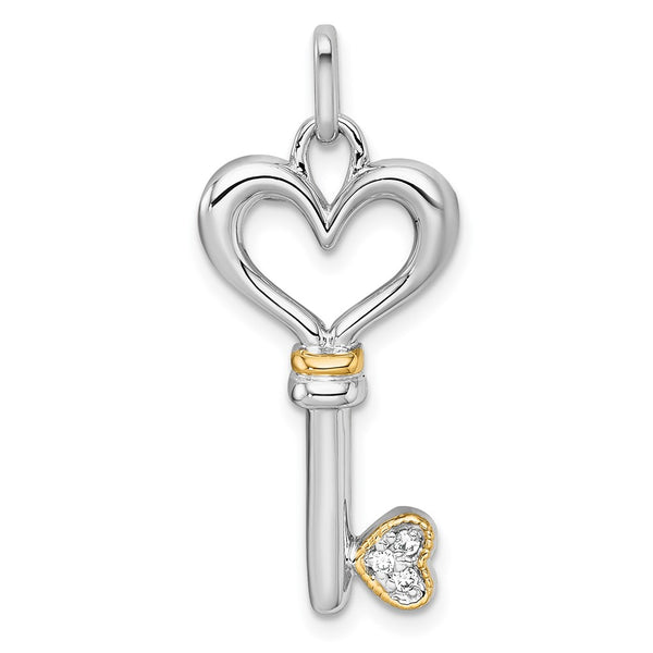 Sterling Silver RH-pl w/14k Accent Polished CZ Heart Key Pendant