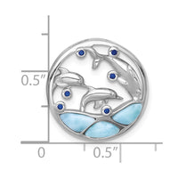 Sterling Silver RH-plated Larimar and Blue CZ Dolphins Chain Slide Pendant