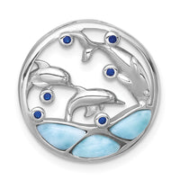 Sterling Silver RH-plated Larimar and Blue CZ Dolphins Chain Slide Pendant