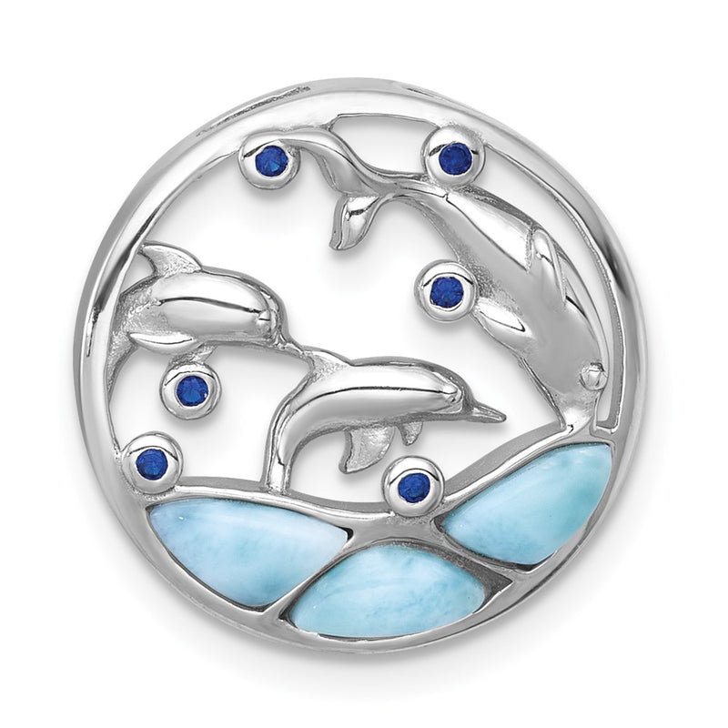 Sterling Silver RH-plated Larimar and Blue CZ Dolphins Chain Slide Pendant