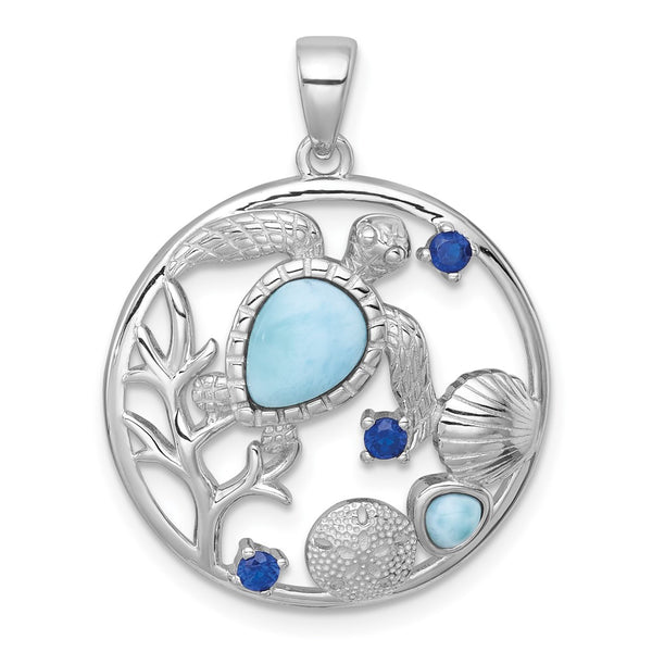 Sterling Silver RH-plated Polished Larimar and Blue CZ Sealife Pendant