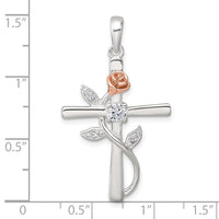 Sterling Silver Rose-tone CZ Cross with Rose Pendant
