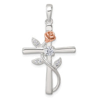 Sterling Silver Rose-tone CZ Cross with Rose Pendant