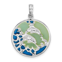 Sterling Silver Rhodium-plated Polished Enameled Dolphins Pendant