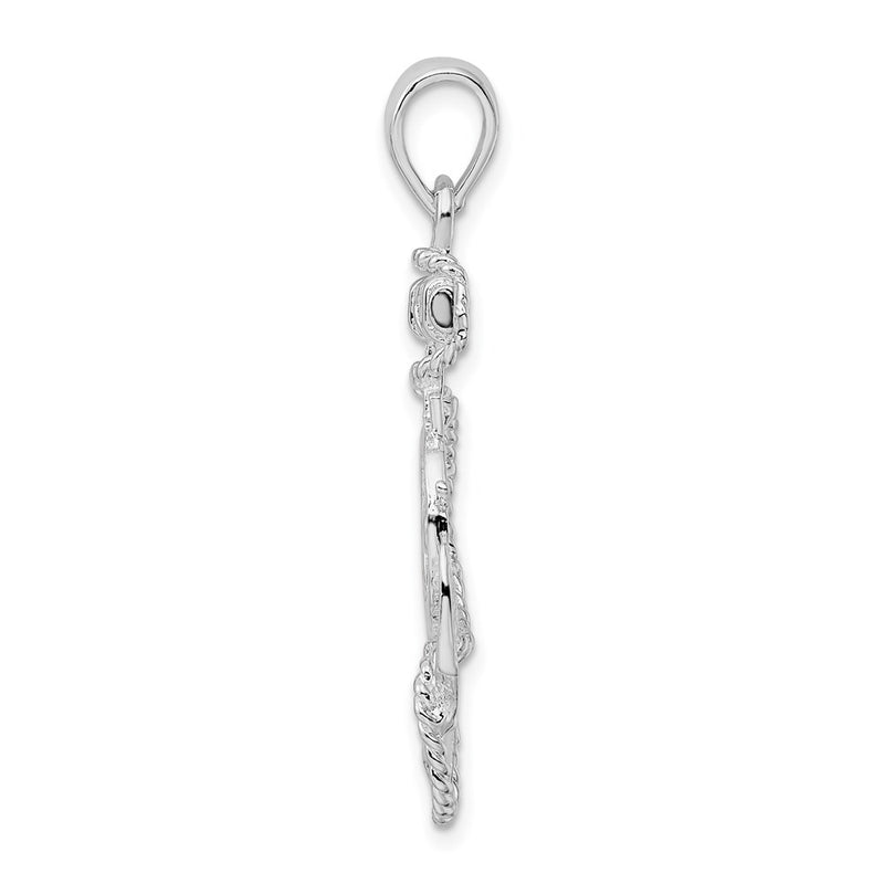 Sterling Silver Rhodium-plated Polished Anchor w/Ships Wheel Pendant