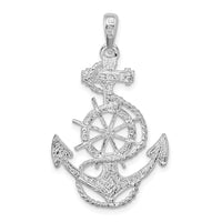 Sterling Silver Rhodium-plated Polished Anchor w/Ships Wheel Pendant