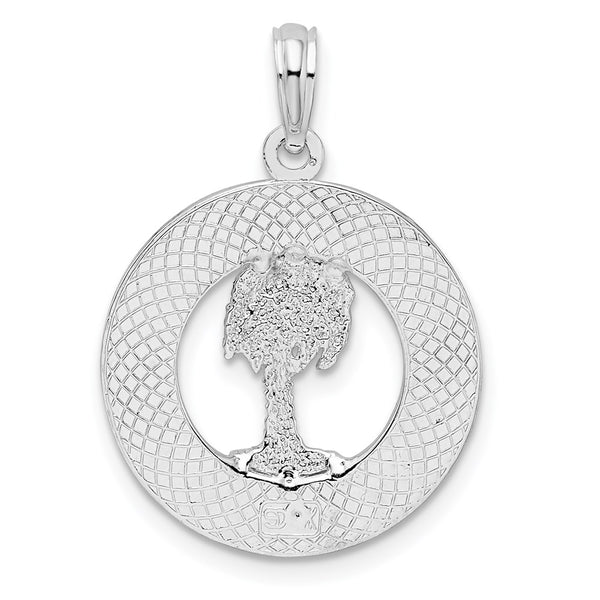 Sterling Silver Rhod-plated Textured Siesta Key,FL w/Palm Tree Pendant