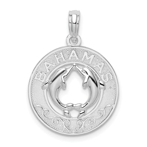 Sterling Silver Rhodium-plated Textured Bahamas w/Dolphins Pendant