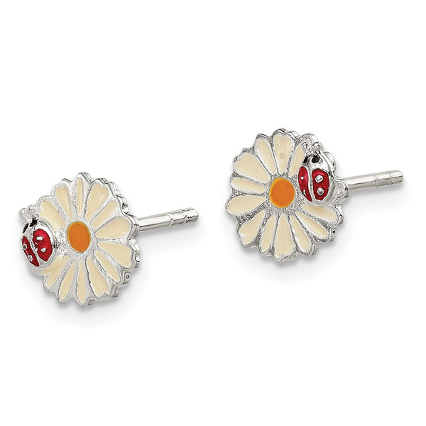 Sterling Silver Enameled Flower & Ladybug Children's Post Earrings