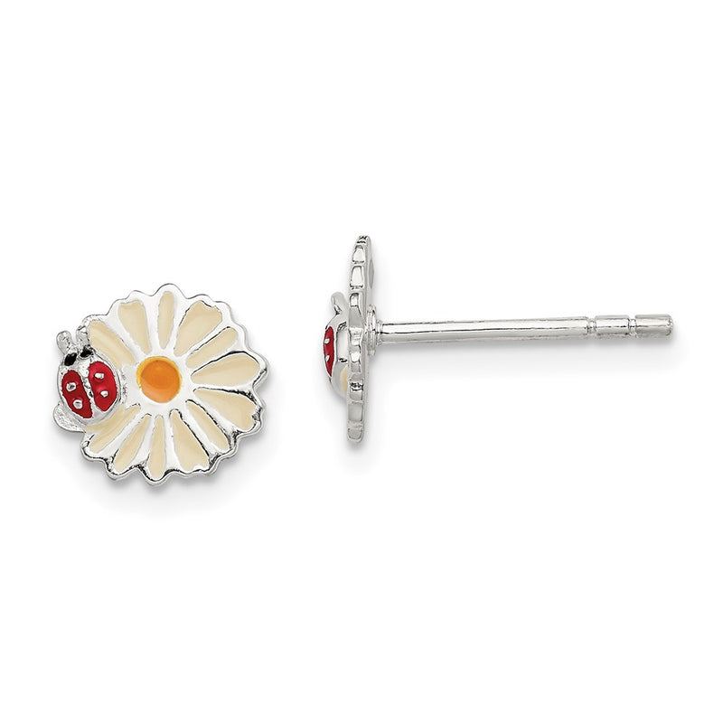 Sterling Silver Enameled Flower & Ladybug Children's Post Earrings