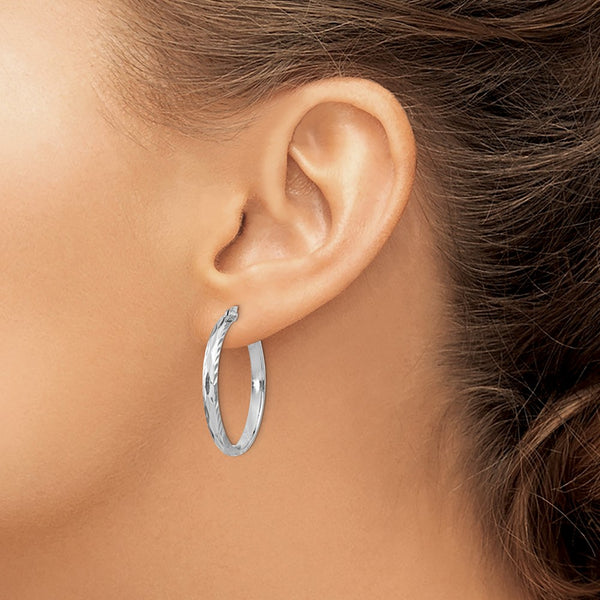 Sterling Silver Rhodium-plated 2.5mm Textured Round Hoops