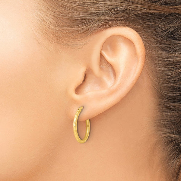 Sterling Silver Gold-tone Satin Diamond-cut 2x20mm Hoop Earrings
