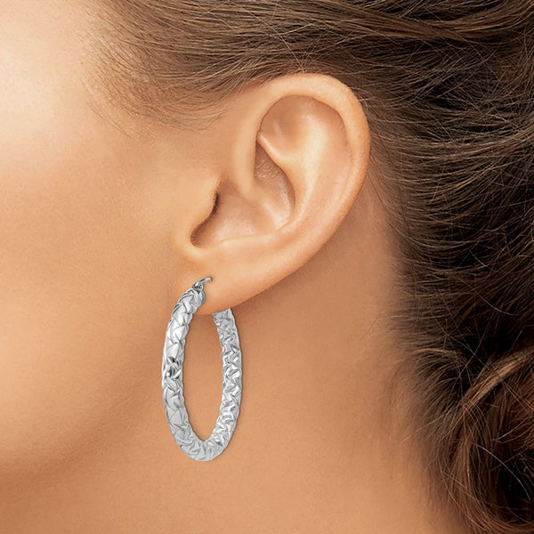 Sterling Silver Rhodium-plated Textured 4x35mm Hoop Earrings