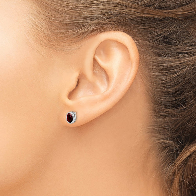 Sterling Silver Rhodium-plated Polished Garnet Oval Post Earrings