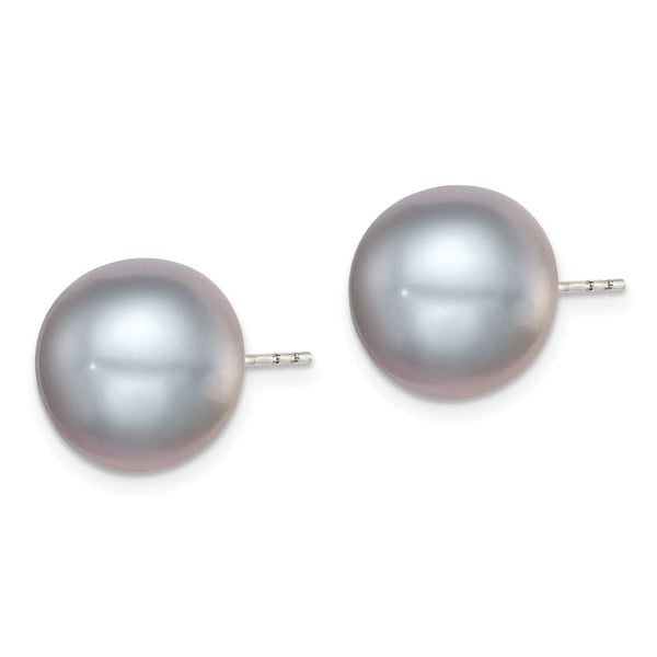 Sterling Silver Rh-plated 12-13mm Grey FWC Button Pearl Earrings