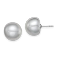 Sterling Silver Rh-plated 12-13mm Grey FWC Button Pearl Earrings