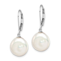Sterling Silver RH-plated 12-13mm FWC Coin Pearl Leverback Earrings
