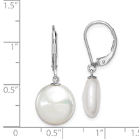 Sterling Silver RH-plated 12-13mm FWC Coin Pearl Leverback Earrings