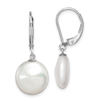 Sterling Silver RH-plated 12-13mm FWC Coin Pearl Leverback Earrings