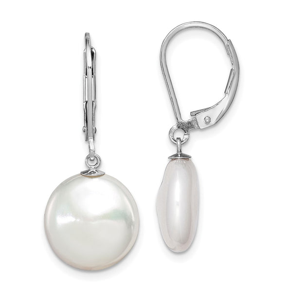 Sterling Silver RH-plated 12-13mm FWC Coin Pearl Leverback Earrings