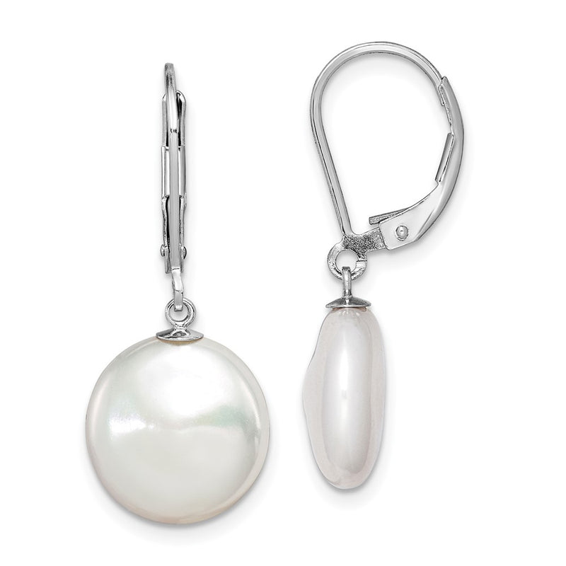 Sterling Silver RH-plated 12-13mm FWC Coin Pearl Leverback Earrings