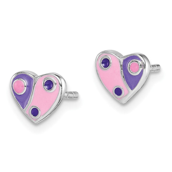 Sterling Silver RH-plated Pink & Purple Enameled Heart Post Earrings