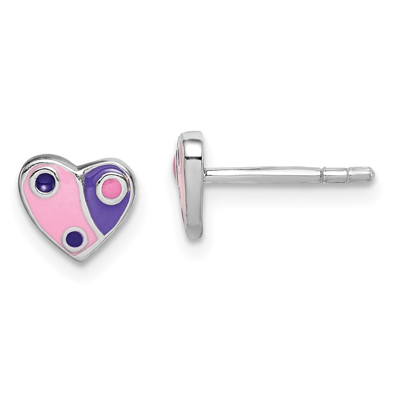 Sterling Silver RH-plated Pink & Purple Enameled Heart Post Earrings