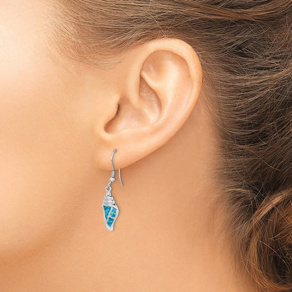 Sterling Silver Rhod-plated Created Blue Opal Seashell Dangle Earrings