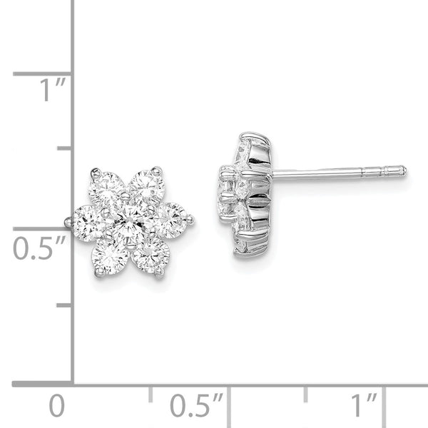 Sterling Silver Rhodium Plated CZ Post Flower Earrings