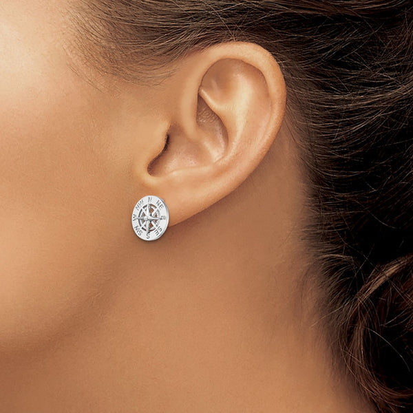 Sterling Silver Rhodium-plated Mini Nautical Compass Post Earrings