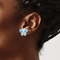 Sterling Silver RH-plated Blue Enameled Butterfly Children's Post Earrings