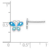 Sterling Silver RH-plated Blue Enameled Butterfly Children's Post Earrings