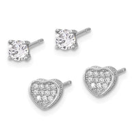 Sterling Silver RH-plated PavÃ© CZ Heart/4mm CZ Stud Post Earrings Set