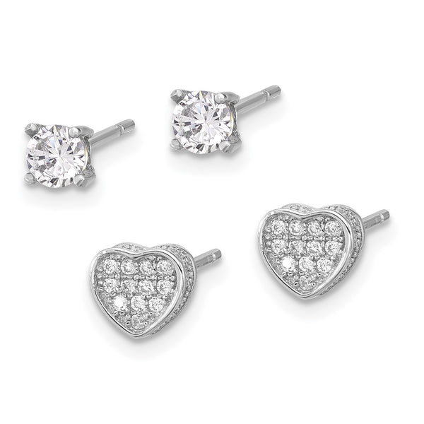 Sterling Silver RH-plated PavÃ© CZ Heart/4mm CZ Stud Post Earrings Set