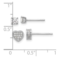 Sterling Silver RH-plated PavÃ© CZ Heart/4mm CZ Stud Post Earrings Set