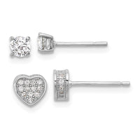 Sterling Silver RH-plated PavÃ© CZ Heart/4mm CZ Stud Post Earrings Set