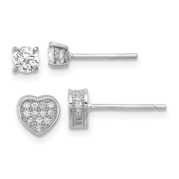 Sterling Silver RH-plated PavÃ© CZ Heart/4mm CZ Stud Post Earrings Set