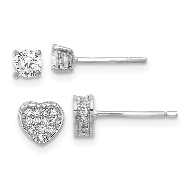 Sterling Silver RH-plated PavÃ© CZ Heart/4mm CZ Stud Post Earrings Set