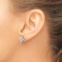 Sterling Silver Rh-plated Polished CZ Dolphin Post Earrings