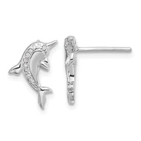Sterling Silver Rh-plated Polished CZ Dolphin Post Earrings