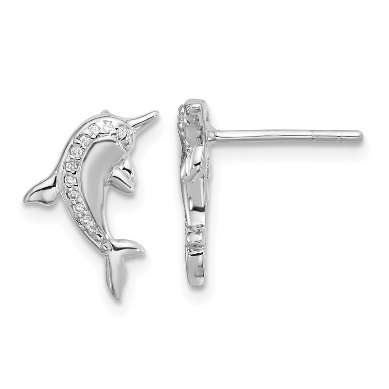 Sterling Silver Rh-plated Polished CZ Dolphin Post Earrings