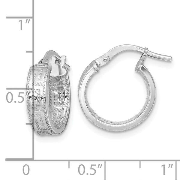 Sterling Silver RH-plated Polished Textured Greek Key Hoop Earrings