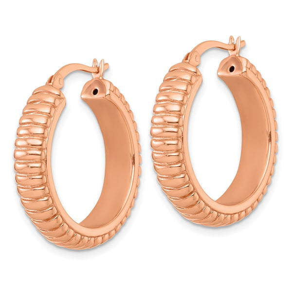 SS Rose-tone Polished and Grooved 26x6mm Round Hoop Earrings