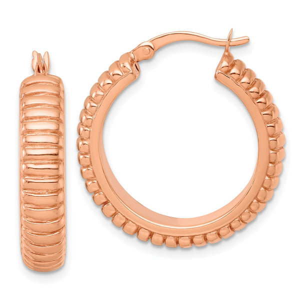 SS Rose-tone Polished and Grooved 26x6mm Round Hoop Earrings